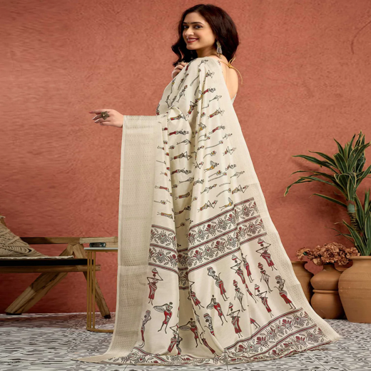 Off White Silk Warli Printed Saree - Image 4