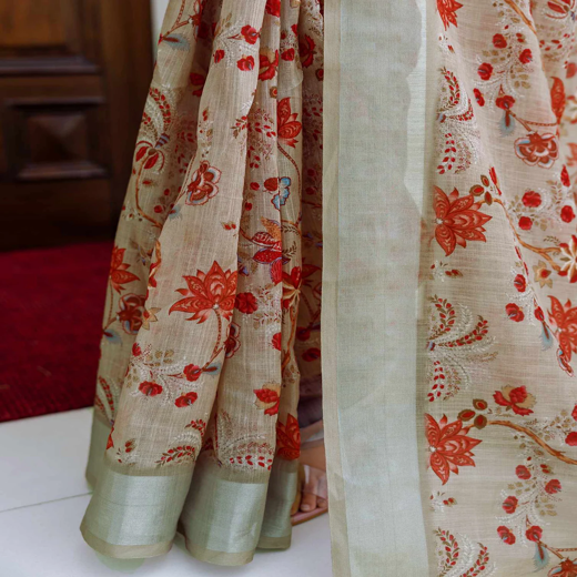 Ready To Wear Dark Beige Linen Woven Border Printed Saree - Image 3