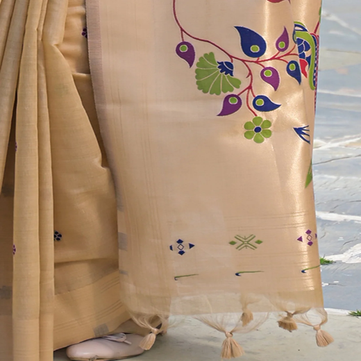 Beige Cotton Woven Paithani Saree - Image 3