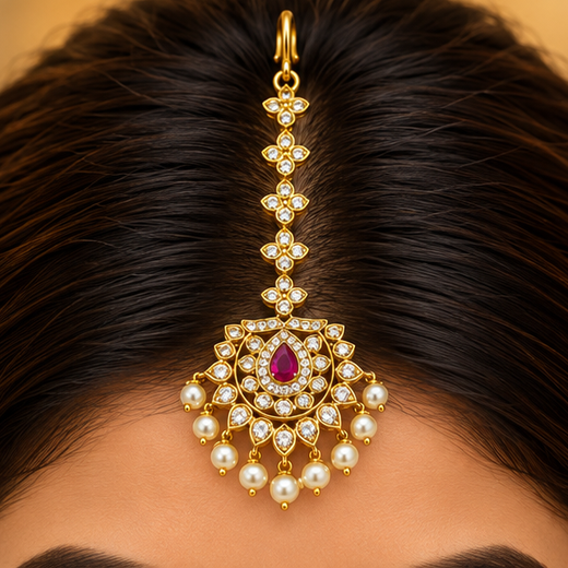Matte Finishing Pink Stones With White Pearls Maang Tkka - Image 4