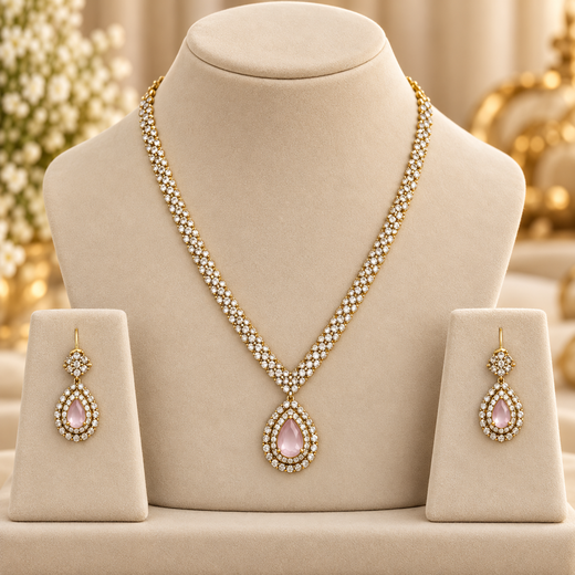 Victorian finishing American Diamonds with Central baby-Pink Stone Short Necklace