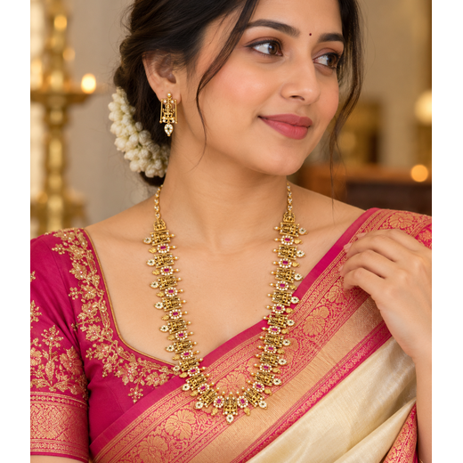 Matte finishing Lord Lakshmi with pink stones long haram