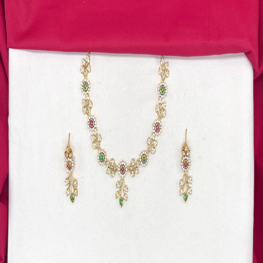Matte finishing flower design with multi stones and short Necklace