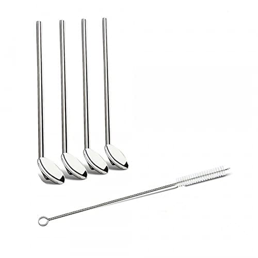 4 Set Drinking Straws With Attached Spoon Stainless Steel