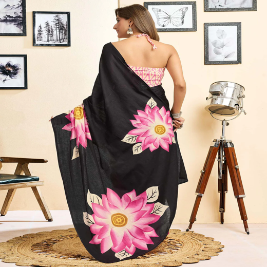 Ready To Wear Pink Cotton Floral Printed Saree With Pocket - Image 4