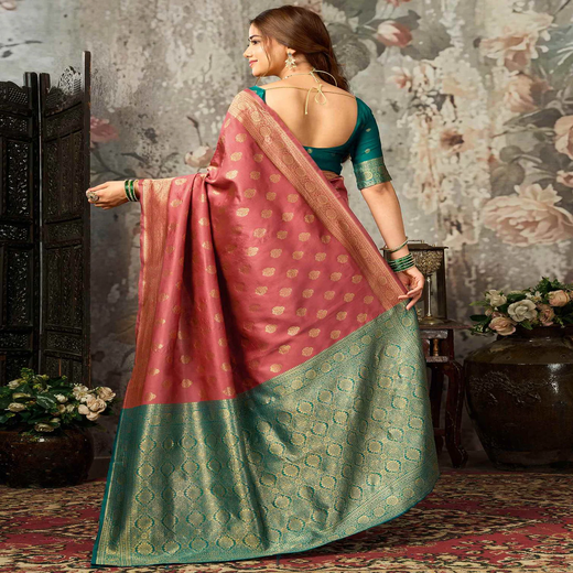 Dark Coral Peach Silk Woven Banarasi Saree - Image 4