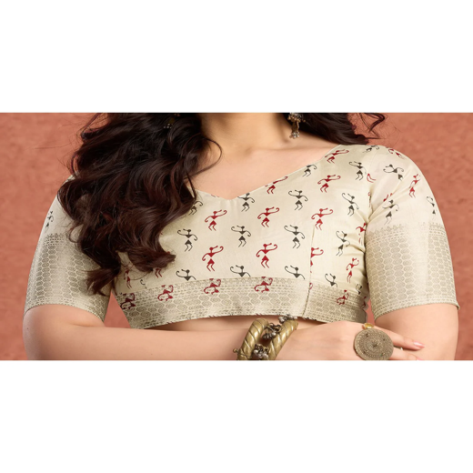 Off White Silk Warli Printed Saree - Image 2