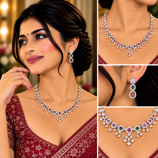 Rhodium Silver American Diamond with Multi-Stone Short Necklace - Image 4