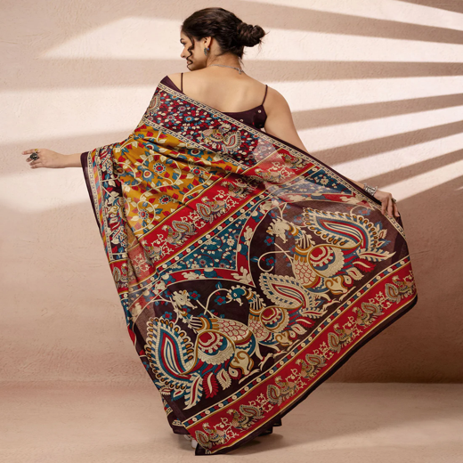 Mustard Yellow Cotton Printed Kalamkari Saree - Image 4