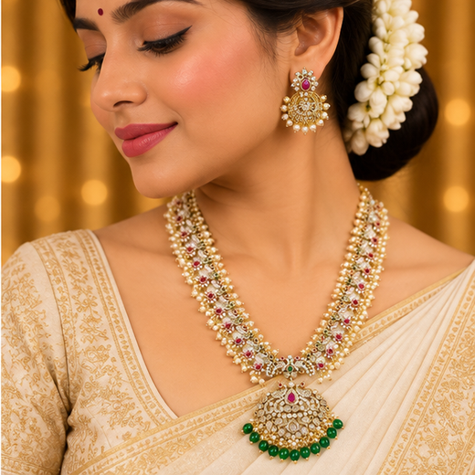 Matte finishing White pearls with Green & pink stones peacock designe finish pendent Long Haram Necklace - Image 4