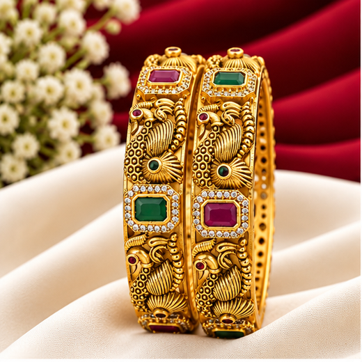 Matte Gold Peacock Design Bangles | Rajkamal NX