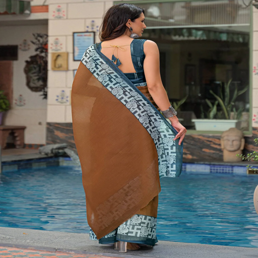 Brown Linen Printed Saree - Image 4