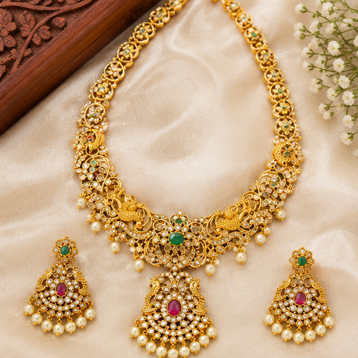 Peacock Design Matte Gold Haram Necklace Set with Earrings - Image 2