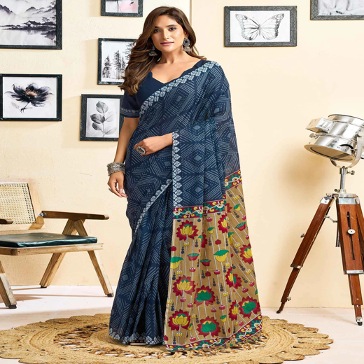 Ready To Wear Blue Cotton Printed Saree With Pocket