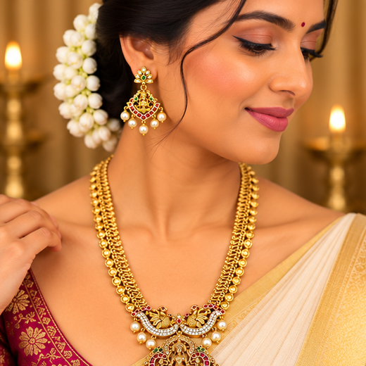 Matte finish lakshmi devi with pearls lomg haram - Image 2