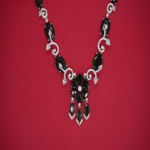 Silver Short Necklace with Green Stones | Artificial Jewellery - Image 3