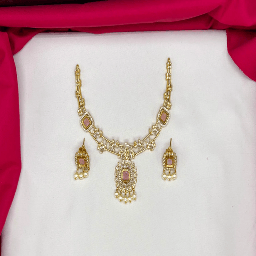 Matte finishing baby-pink stones with pearls short Necklace - Image 3