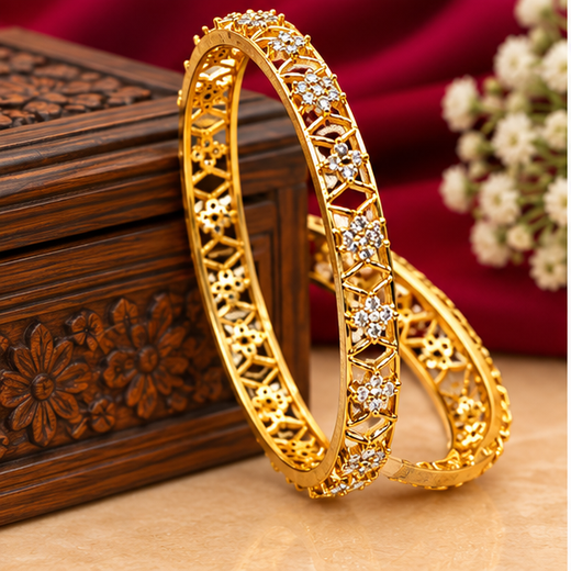 Matte Finishing Flower Design Ad Stones Bangle - Image 3
