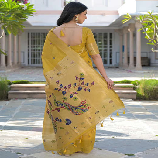 Yellow Cotton Woven Paithani Saree - Image 4