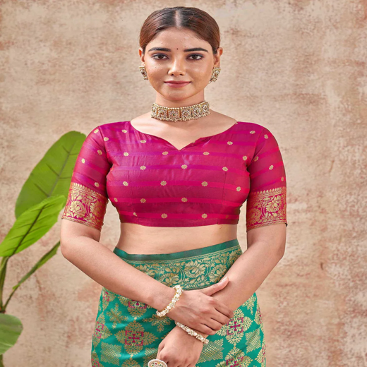 Teal Green Silk Woven Banarasi Saree - Image 2