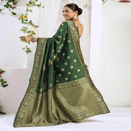 Dark Green Silk Woven Banarasi Saree - Image 4