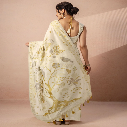 Beige Chanderi Cotton Woven Saree - Image 4