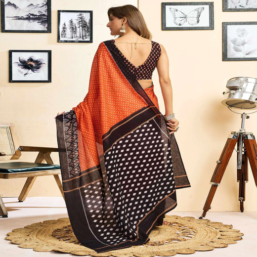 Ready To Wear Orange Cotton Printed Saree - Image 4
