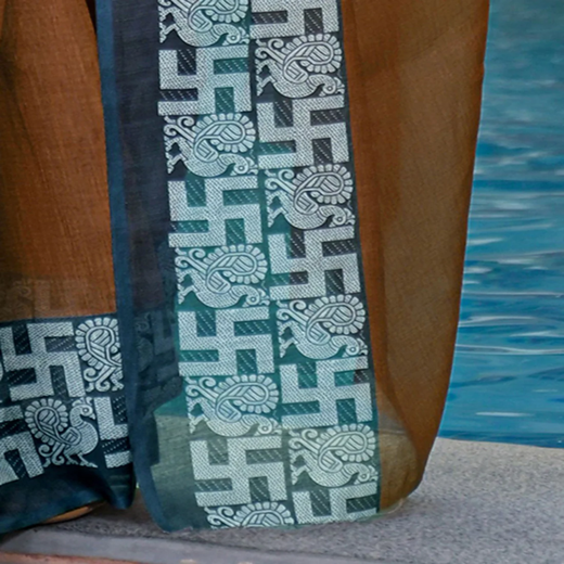Brown Linen Printed Saree - Image 3