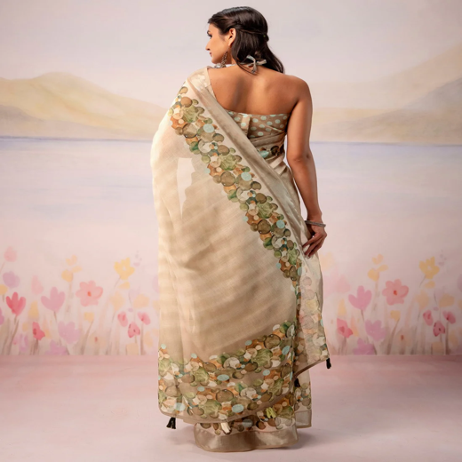 Beige Linen Printed Zari Border Saree - Image 4