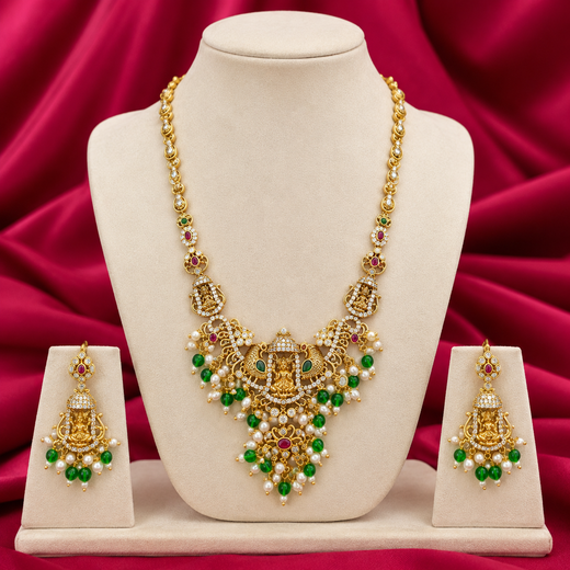 Matte finishing lord Lakshmi with peacock Designed Short Necklace
