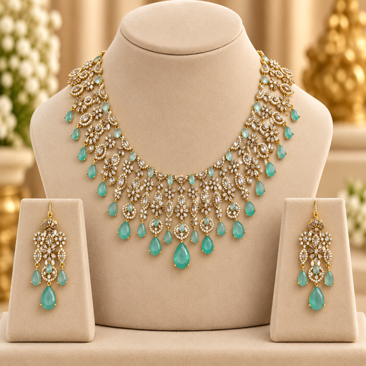 Premium matte finish American Diamonds flower design with Mint-Green Stones Short Necklace