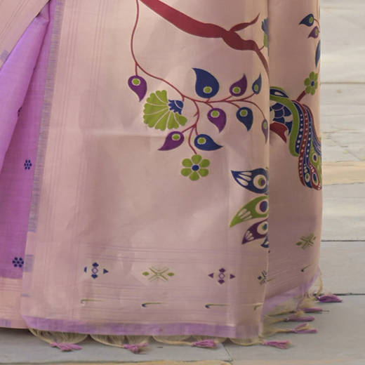 Light Lavender Cotton Woven Paithani Saree - Image 3