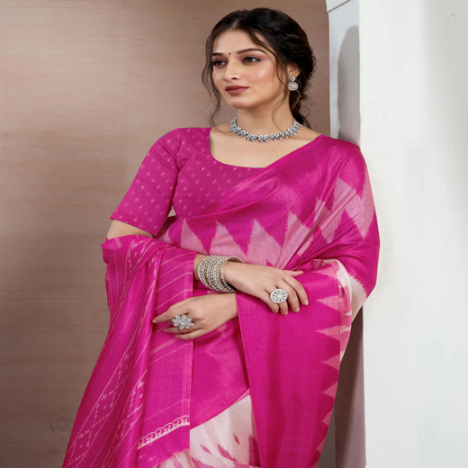Pink Bhagalpuri Silk Printed Saree - Image 2