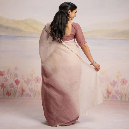Ready To Wear Dusty Rose Pink Linen Ombre Lace Saree With Pocket - Image 4