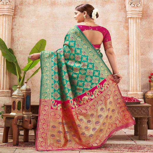 Teal Green Silk Woven Banarasi Saree - Image 4