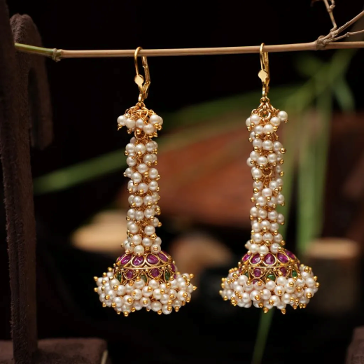 Matte Finish Multi-Stone Pearl Jhumka Earrings | Artificial Jewellery