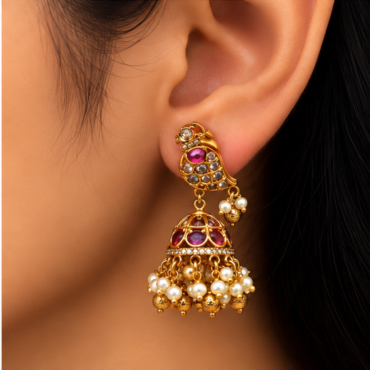 Matte Finish American Diamond Stones And Pearls Bird Design Jhumka Earrings - Image 4