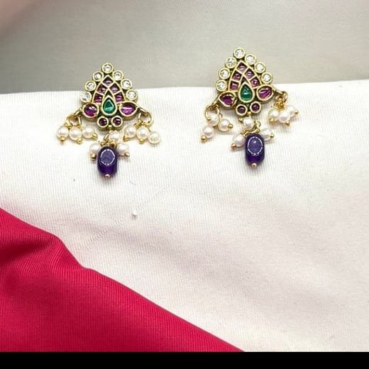 kempu lotus design AD stones Purple Bead drop Earrings - Image 2