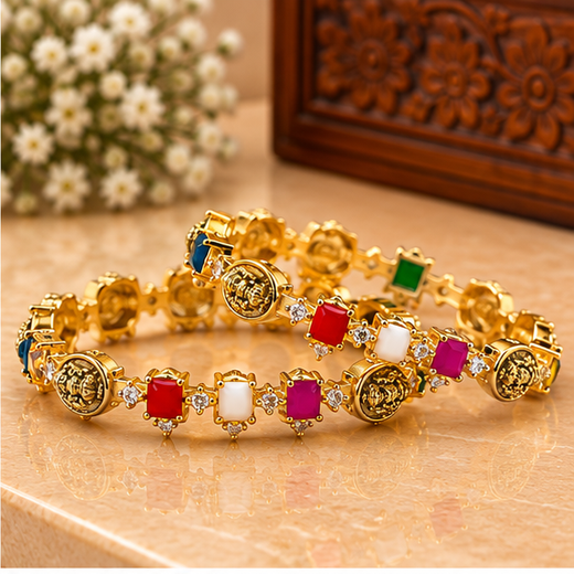 Matte Finishing Lakshmi Navaratna Block Stone Bangle Colored CZ Stones - Image 2