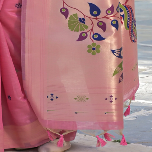 Rose Pink Cotton Woven Paithani Saree - Image 3