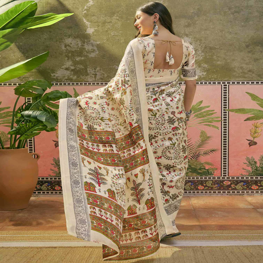 Beige Khadi Printed Saree - Image 4