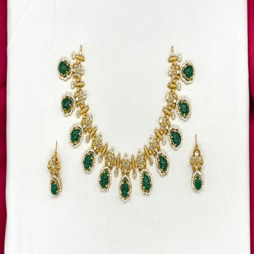 Matte finishing American Diamond with Green Stone Short Necklace - Image 2