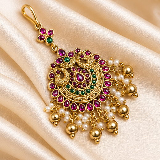Matte Finishing Peacock Design Pink & Geen Stones With Golden Balls Maang Tikka - Image 4