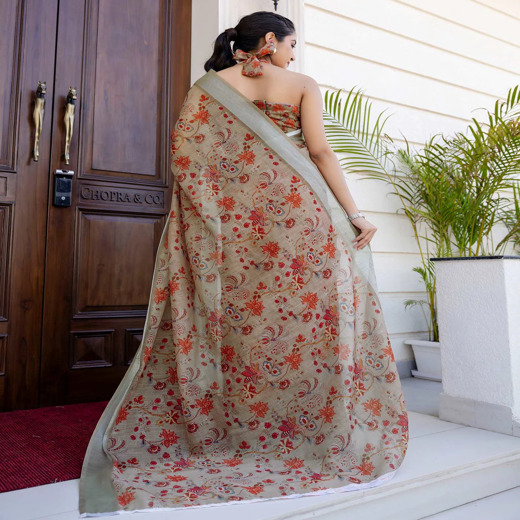 Ready To Wear Dark Beige Linen Woven Border Printed Saree - Image 4