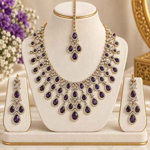 Emerald Purple and Cubic Zirconia Bridal Necklace Set with Earrings and Maang Tikka