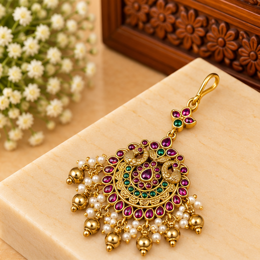Matte Finishing Peacock Design Pink & Geen Stones With Golden Balls Maang Tikka - Image 3