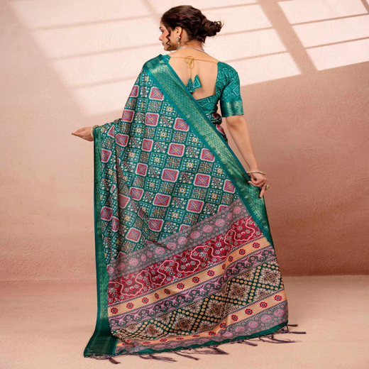 Teal Green Silk Printed Woven Border Saree - Image 4