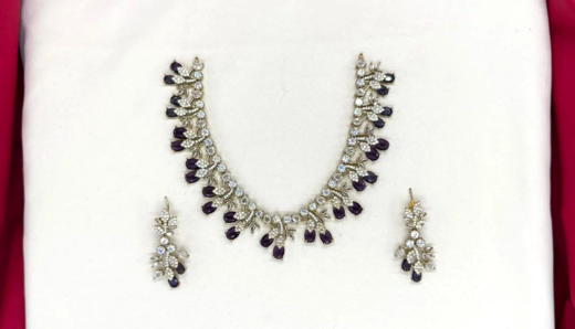 Mehndi finishing Leaf Designed Purple-Stones Short Necklace