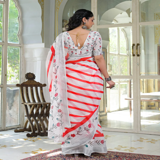 White Linen Printed Saree - Image 4