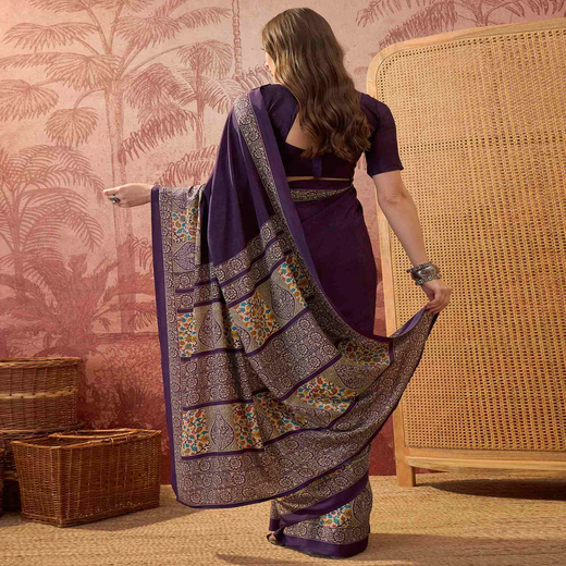 Dark Purple Crepe Silk Printed Saree - Image 4